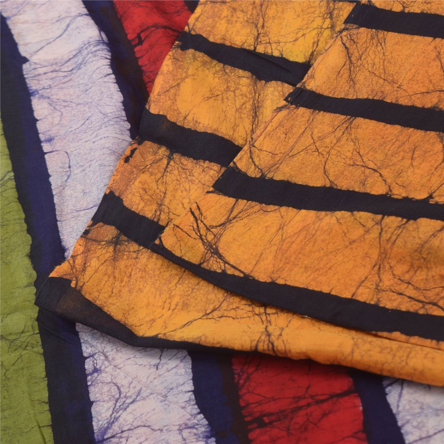 Sanskriti Vintage Sarier Blå &amp; Gule Sari i Ren Bomuld, Batikarbejde, 5+ yards Bæredygtigt Stof