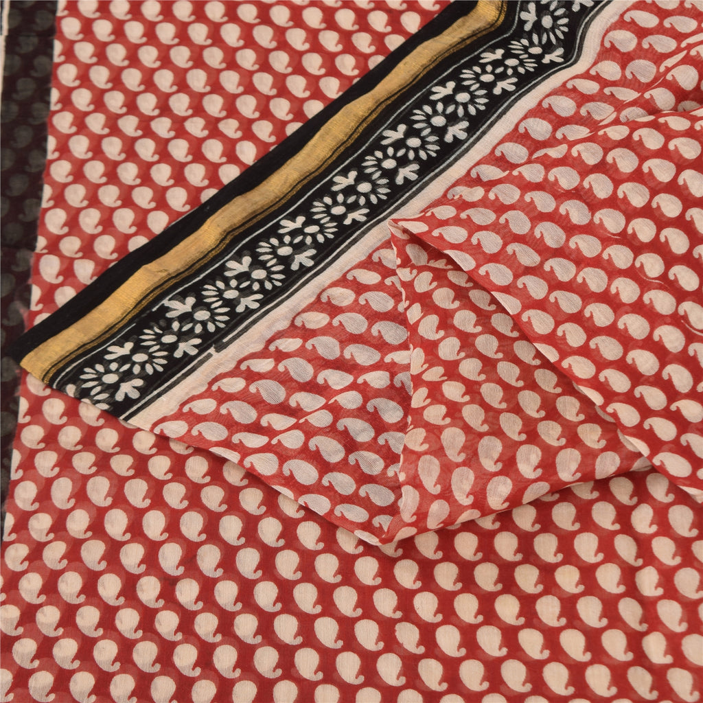 Sanskriti Vintage Sarees Red Pure Chanderi Cotton Hand Block Printed Sari Sustainable Fabric