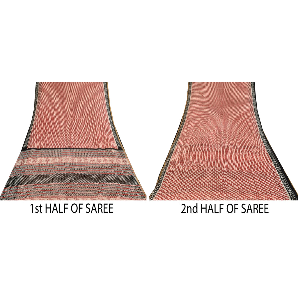 Sanskriti Vintage Sarees Red Pure Chanderi Cotton Hand Block Printed Sari Sustainable Fabric