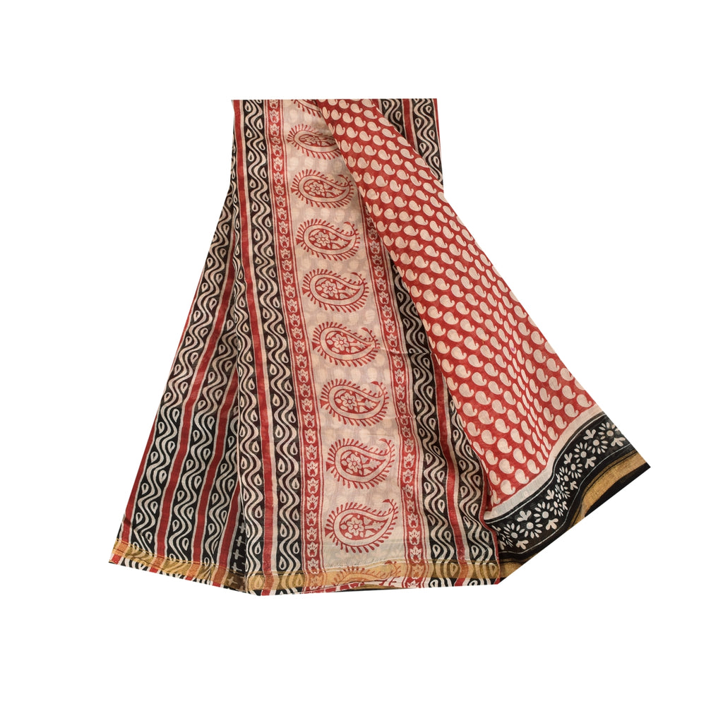 Sanskriti Vintage Sarees Red Pure Chanderi Cotton Hand Block Printed Sari Sustainable Fabric