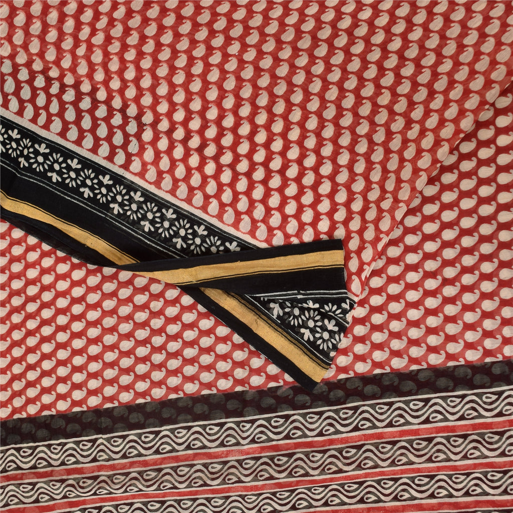 Sanskriti Vintage Sarees Red Pure Chanderi Cotton Hand Block Printed Sari Sustainable Fabric