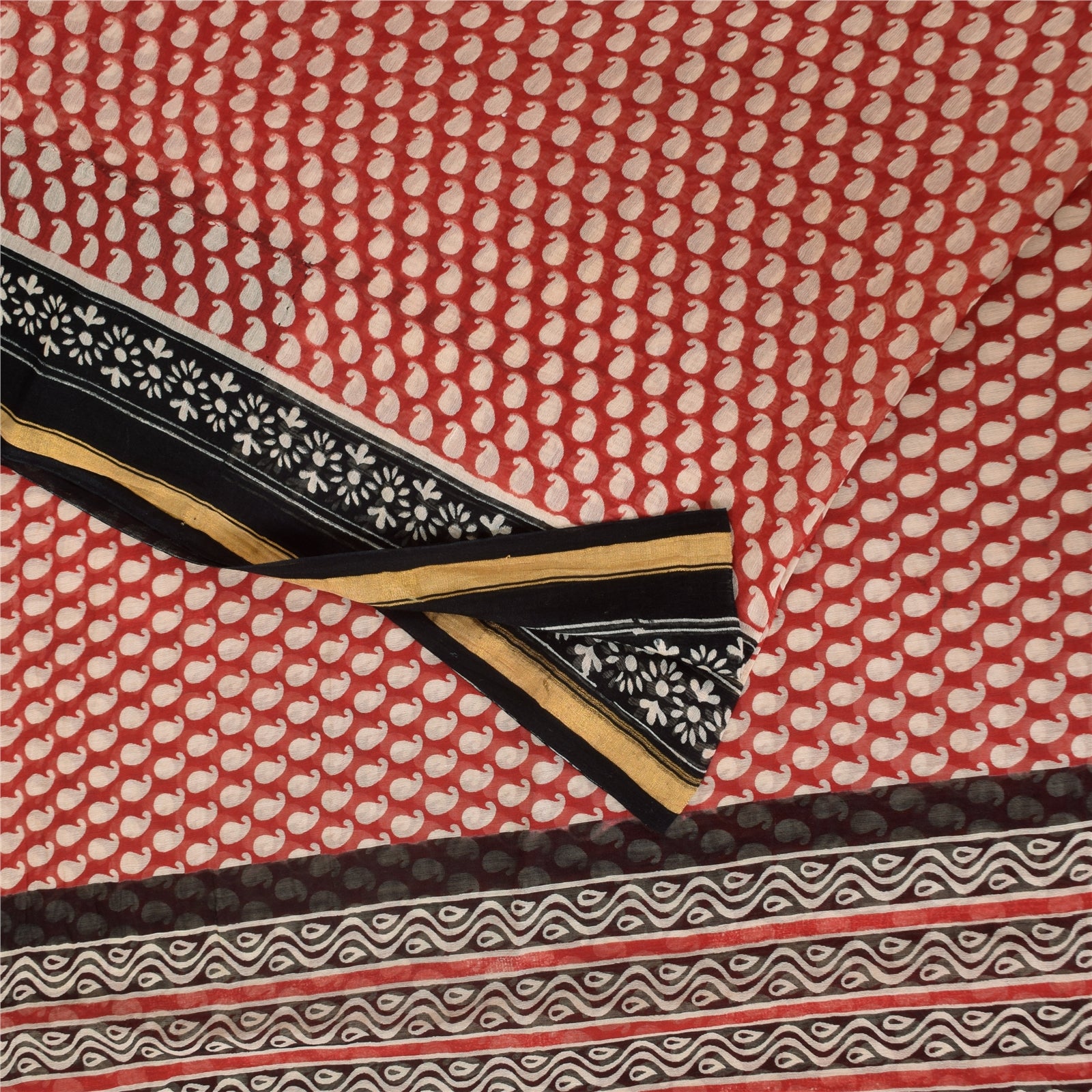 Sanskriti Vintage Sarees Red Pure Chanderi Cotton Hand Block Printed Sari Sustainable Fabric