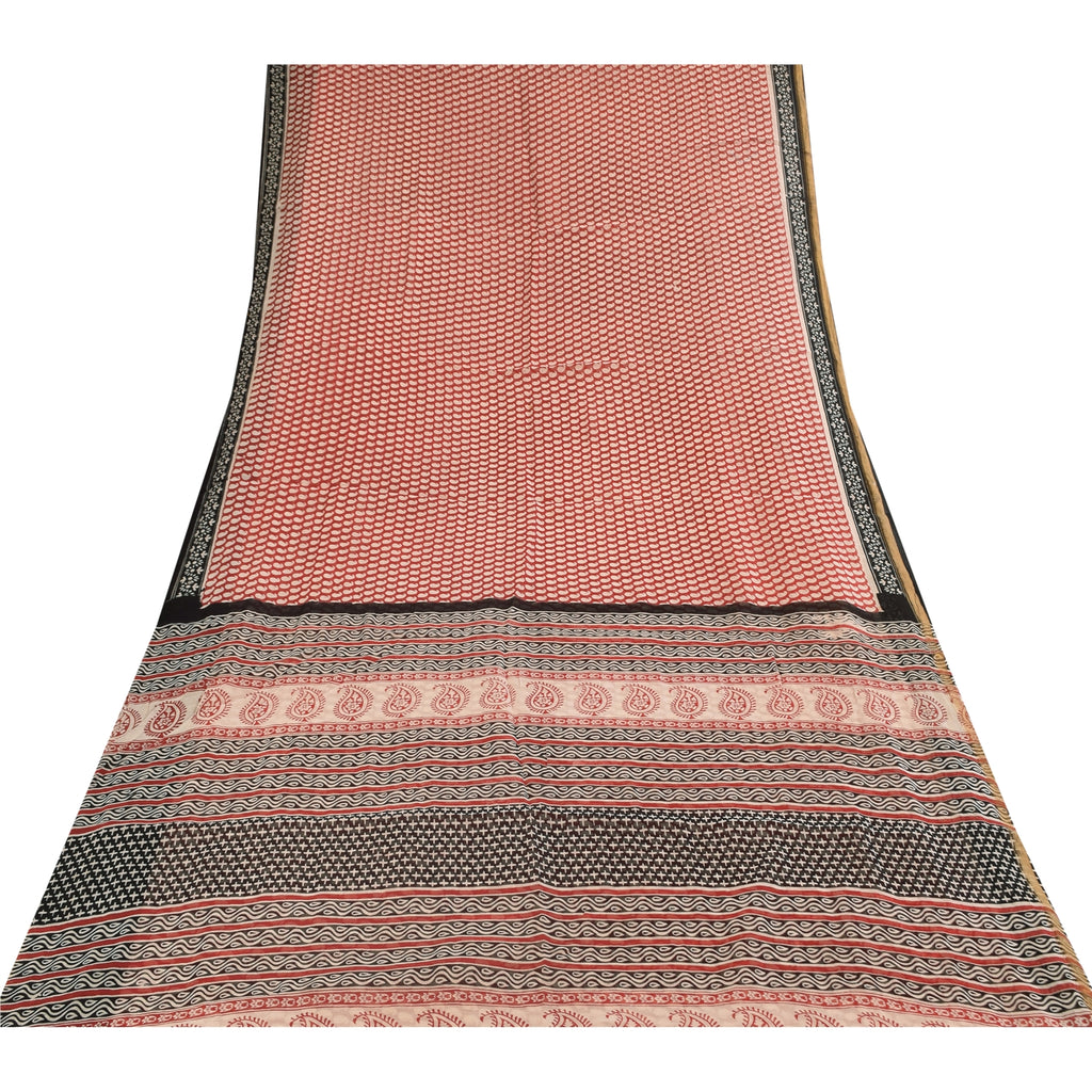 Sanskriti Vintage Sarees Red Pure Chanderi Cotton Hand Block Printed Sari Sustainable Fabric