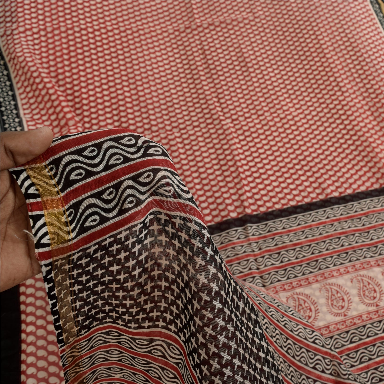 Sanskriti Vintage Sarees Red Pure Chanderi Cotton Hand Block Printed Sari Sustainable Fabric