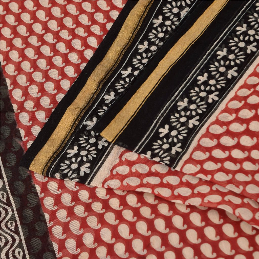 Sanskriti Vintage Sarees Red Pure Chanderi Cotton Hand Block Printed Sari Sustainable Fabric