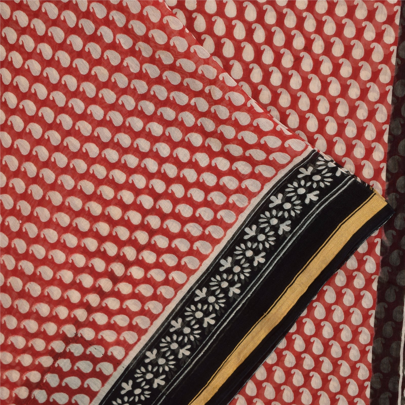 Sanskriti Vintage Sarees Red Pure Chanderi Cotton Hand Block Printed Sari Sustainable Fabric