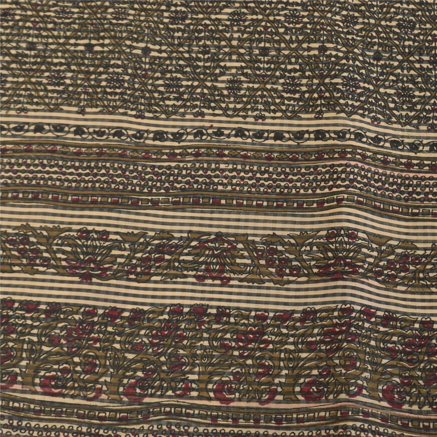 Sanskriti Vintage Sarees Indian Ivory Pure Cotton Printed Sari 5+yd Craft Sustainable Fabric