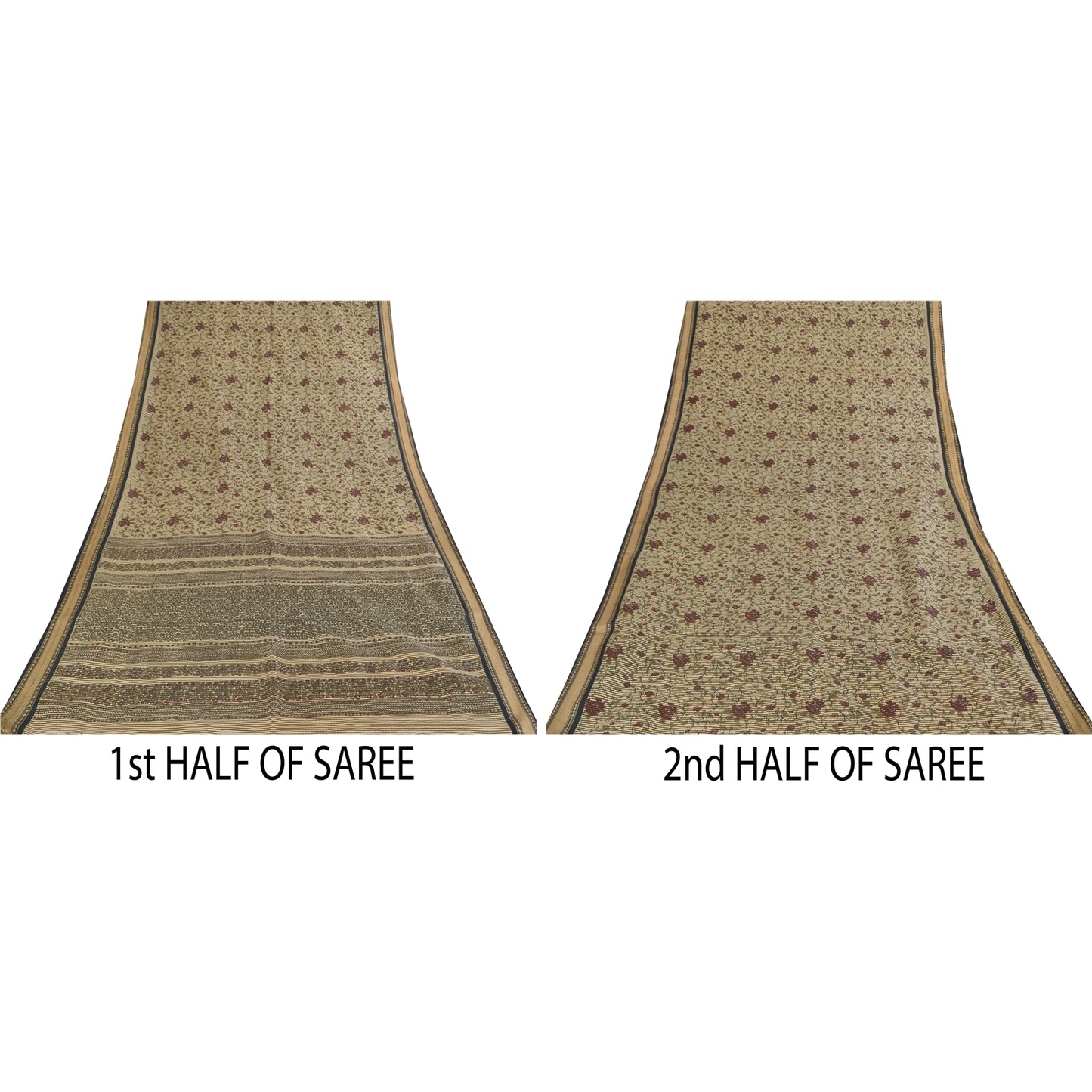 Sanskriti Vintage Sarees Indian Ivory Pure Cotton Printed Sari 5+yd Craft Sustainable Fabric