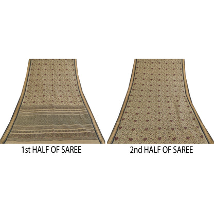 Sanskriti Vintage Sarees Indian Ivory Pure Cotton Printed Sari 5+yd Craft Sustainable Fabric