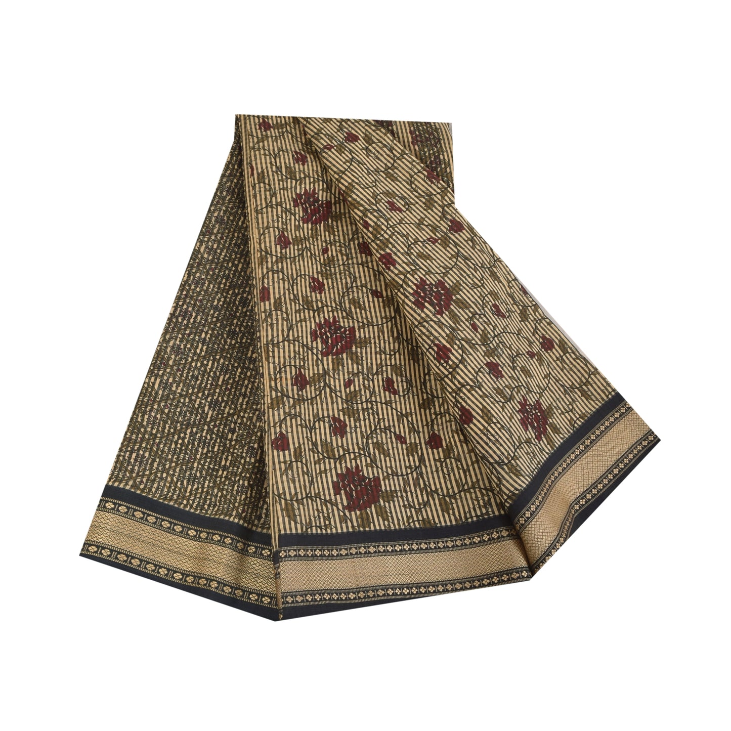 Sanskriti Vintage Sarees Indian Ivory Pure Cotton Printed Sari 5+yd Craft Sustainable Fabric