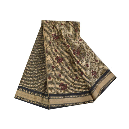 Sanskriti Vintage Sarees Indian Ivory Pure Cotton Printed Sari 5+yd Craft Sustainable Fabric