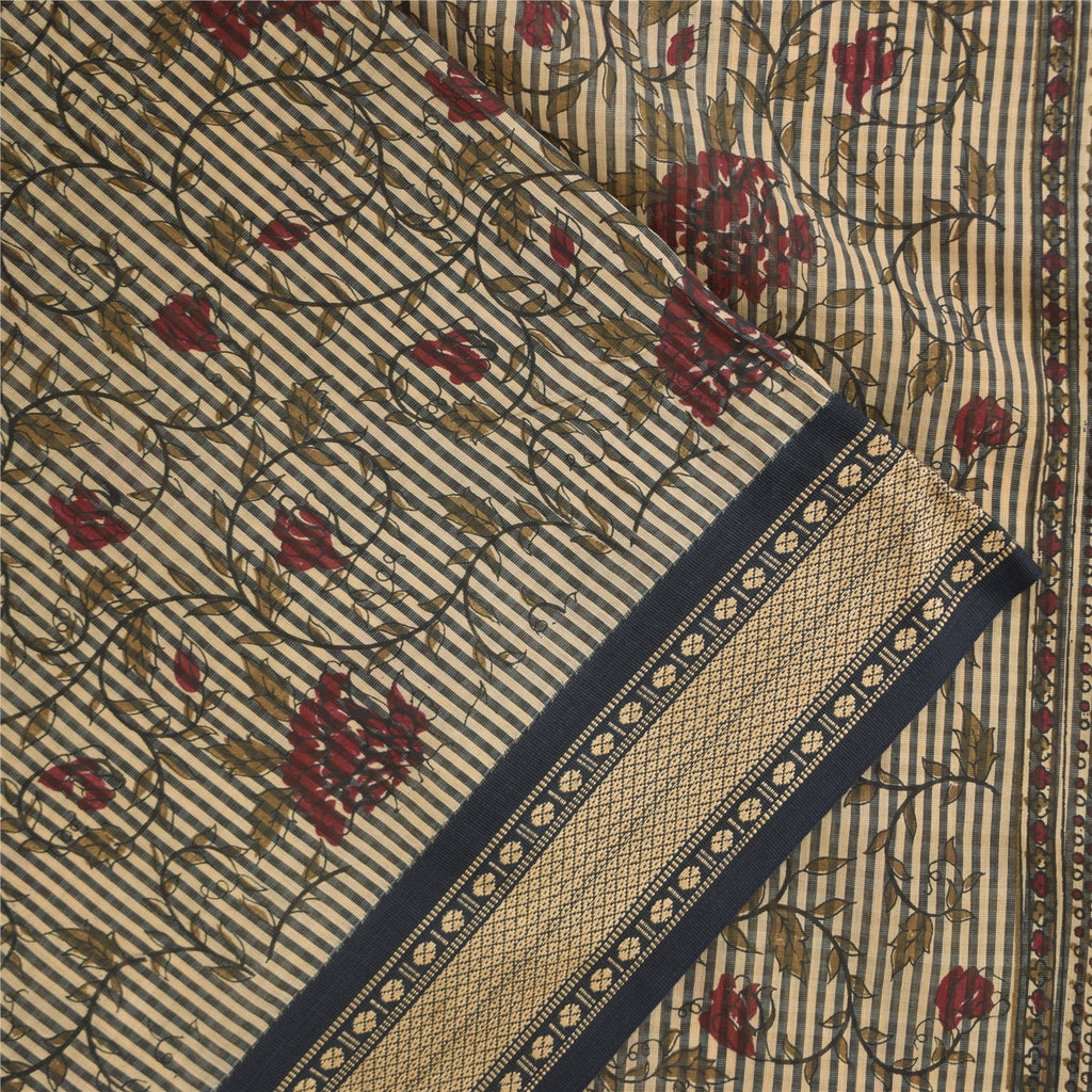 Sanskriti Vintage Sarees Indian Ivory Pure Cotton Printed Sari 5+yd Craft Sustainable Fabric