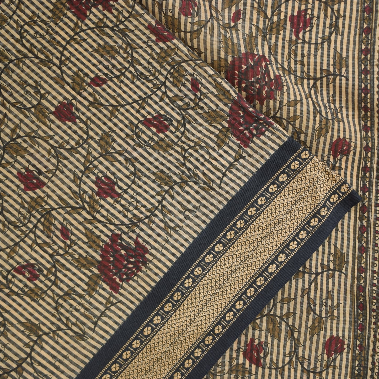 Sanskriti Vintage Sarees Indian Ivory Pure Cotton Printed Sari 5+yd Craft Sustainable Fabric