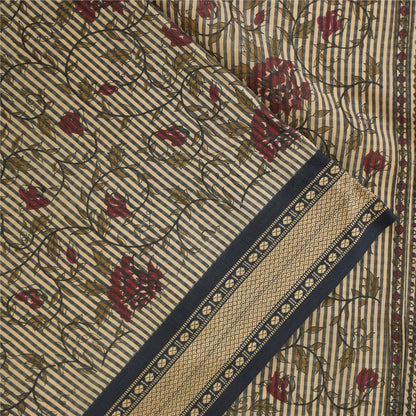 Sanskriti Vintage Sarees Indian Ivory Pure Cotton Printed Sari 5+yd Craft Sustainable Fabric