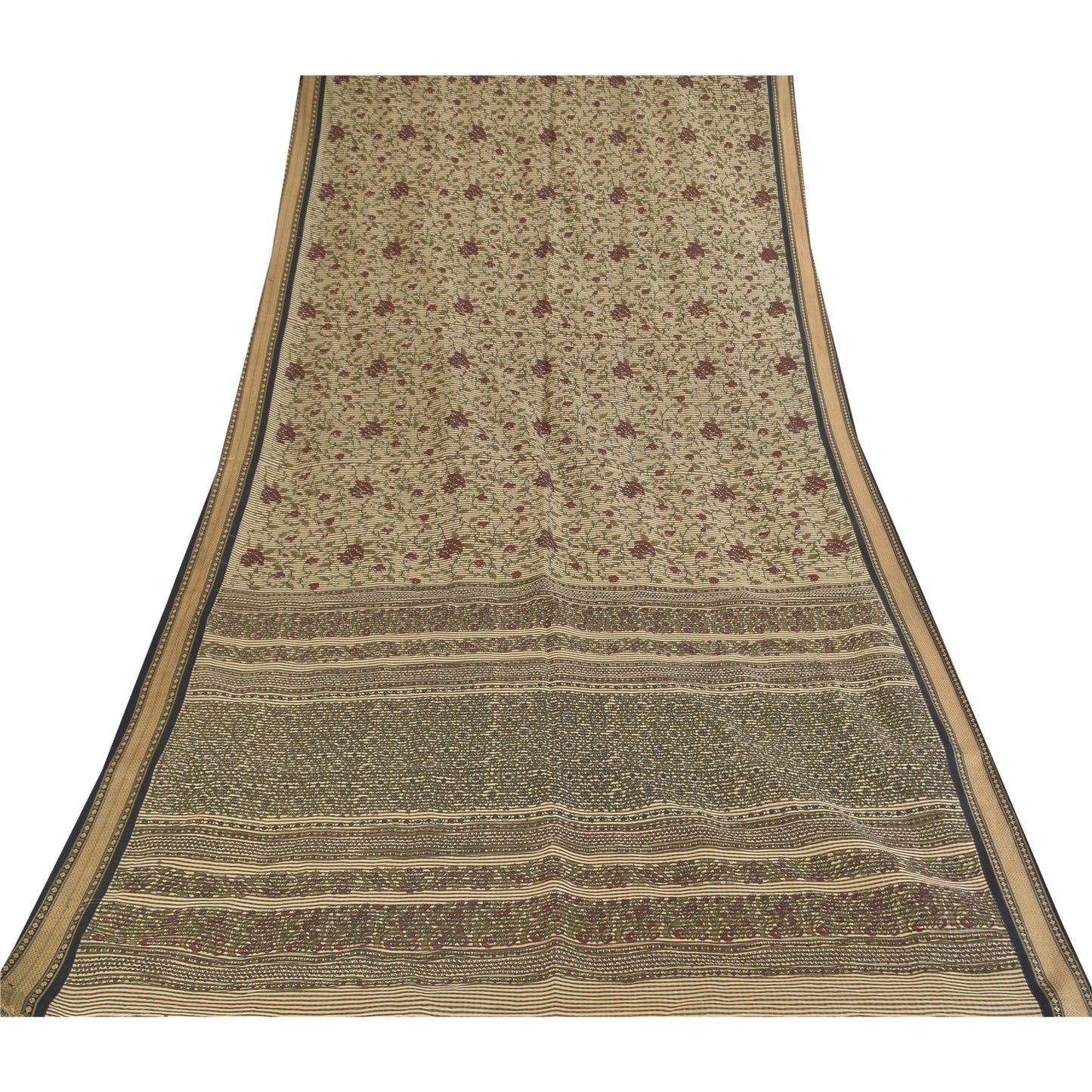 Sanskriti Vintage Sarees Indian Ivory Pure Cotton Printed Sari 5+yd Craft Sustainable Fabric