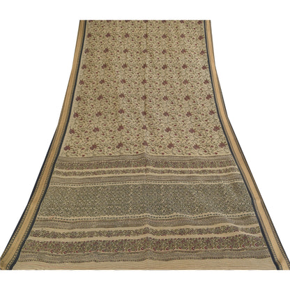 Sanskriti Vintage Sarees Indian Ivory Pure Cotton Printed Sari 5+yd Craft Sustainable Fabric