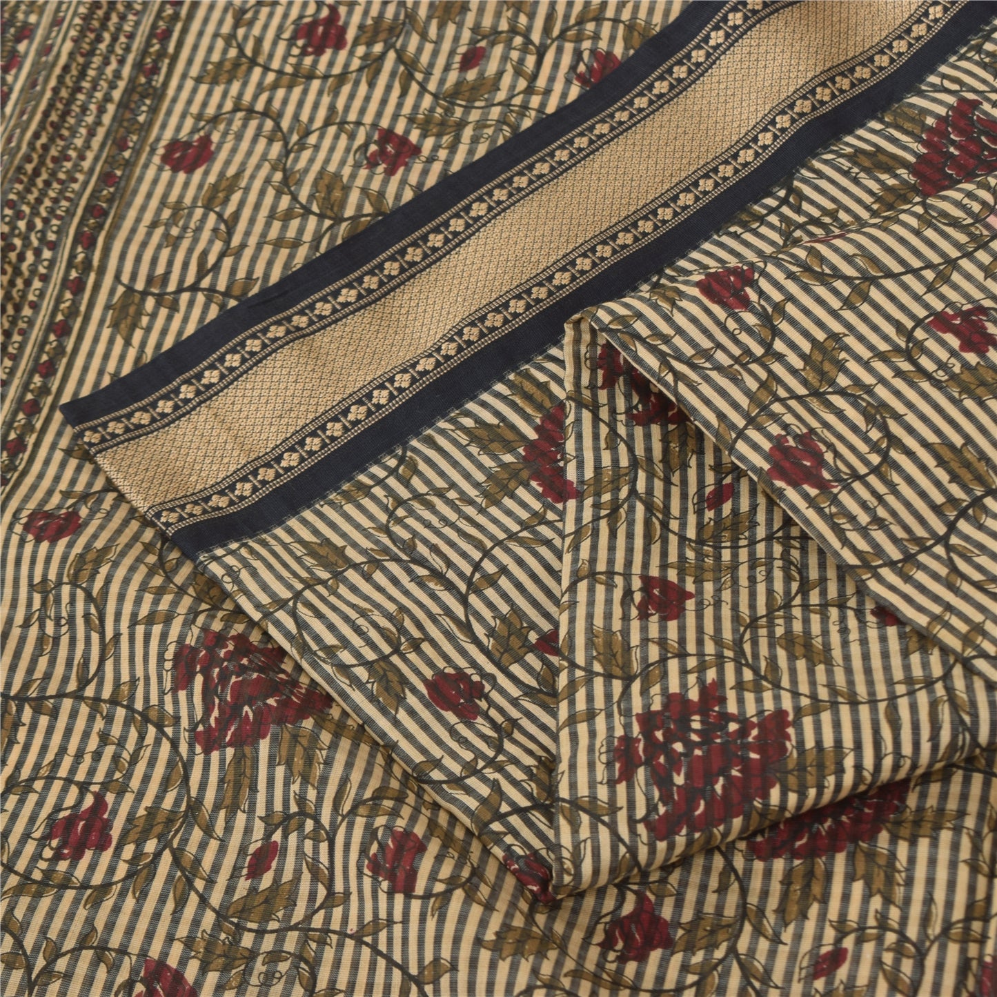 Sanskriti Vintage Sarees Indian Ivory Pure Cotton Printed Sari 5+yd Craft Sustainable Fabric