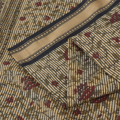 Sanskriti Vintage Sarees Indian Ivory Pure Cotton Printed Sari 5+yd Craft Sustainable Fabric