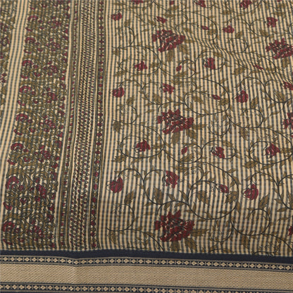 Sanskriti Vintage Sarees Indian Ivory Pure Cotton Printed Sari 5+yd Craft Sustainable Fabric