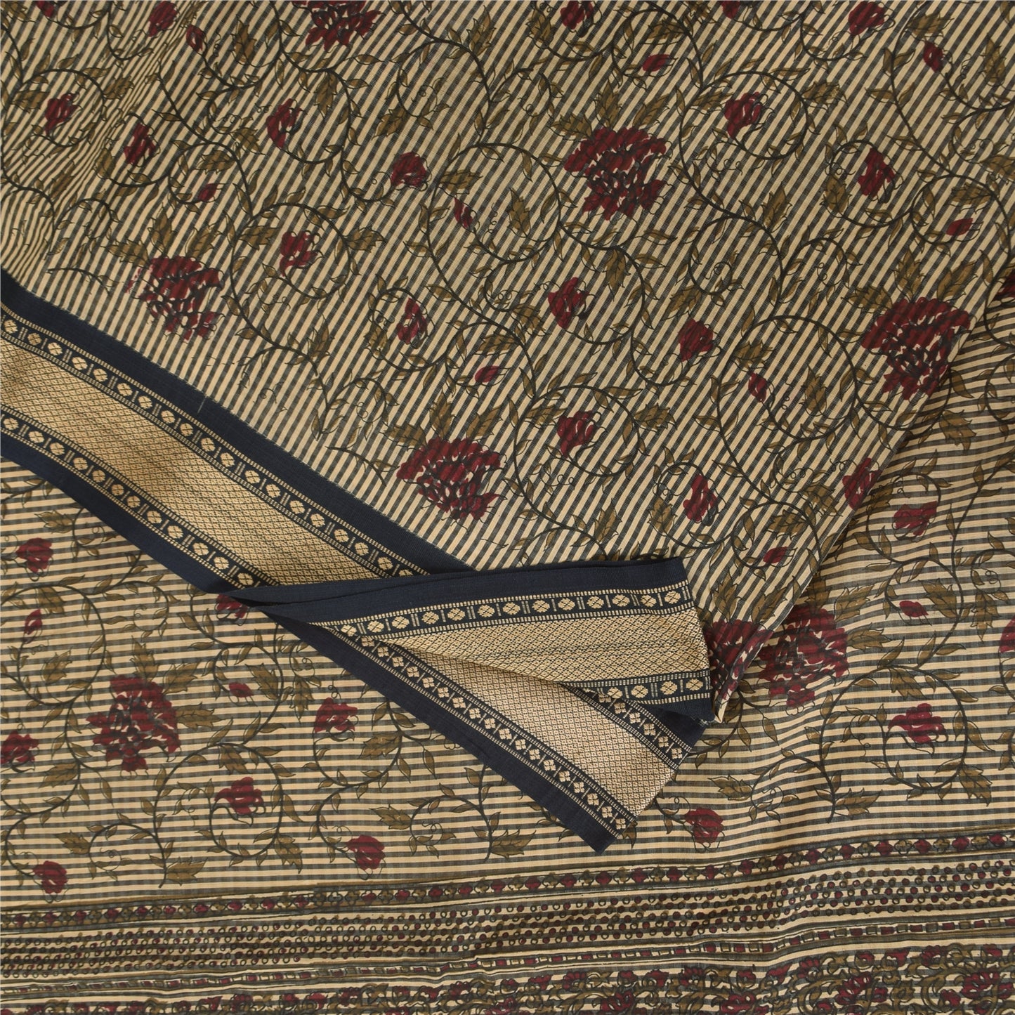 Sanskriti Vintage Sarees Indian Ivory Pure Cotton Printed Sari 5+yd Craft Sustainable Fabric