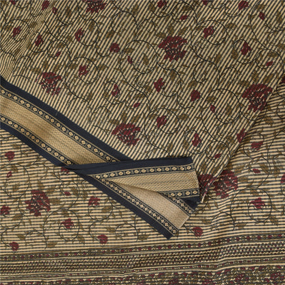 Sanskriti Vintage Sarees Indian Ivory Pure Cotton Printed Sari 5+yd Craft Sustainable Fabric