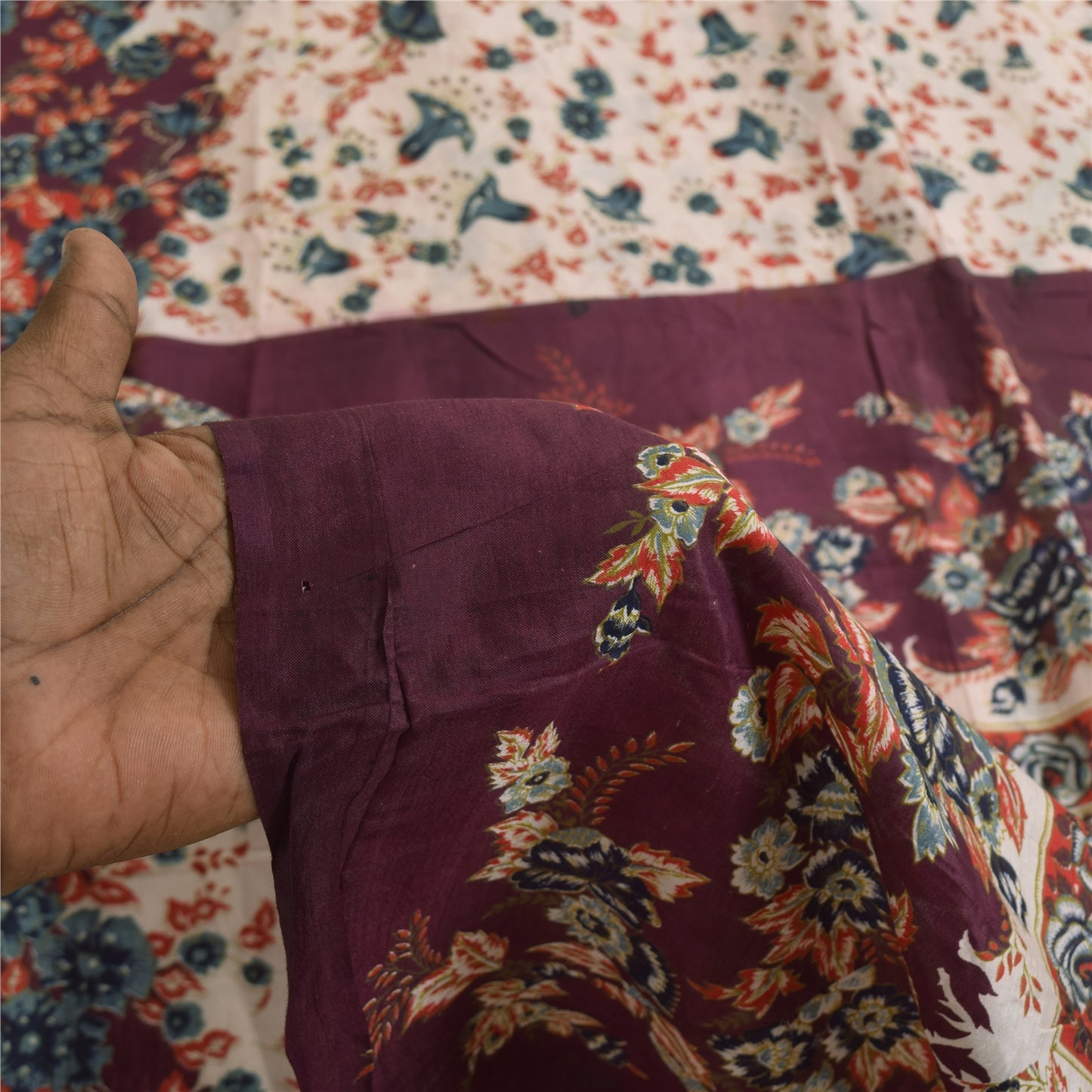 Sanskriti Vintage Sarees Indian IvoryPure Cotton Printed Sari 5+yd Craft Sustainable Fabric