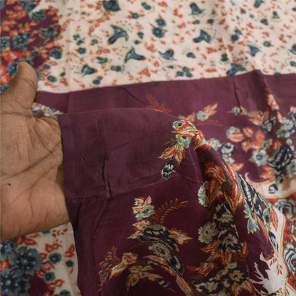 Sanskriti Vintage Sarees Indian IvoryPure Cotton Printed Sari 5+yd Craft Sustainable Fabric