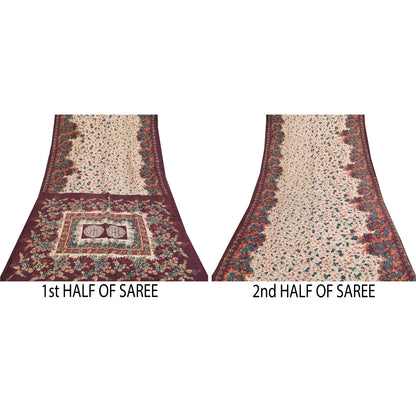 Sanskriti Vintage Sarees Indian IvoryPure Cotton Printed Sari 5+yd Craft Sustainable Fabric