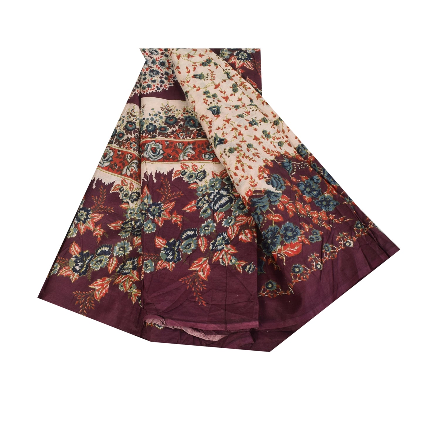 Sanskriti Vintage Sarees Indian IvoryPure Cotton Printed Sari 5+yd Craft Sustainable Fabric