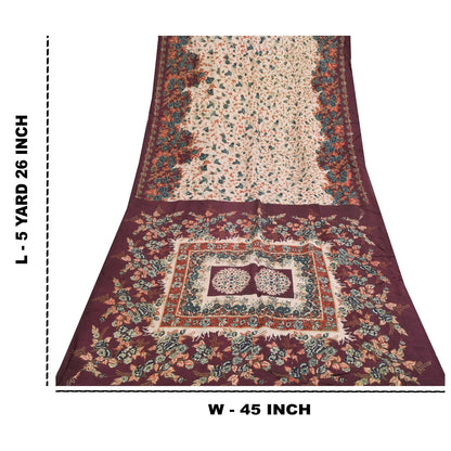 Sanskriti Vintage Sarees Indian IvoryPure Cotton Printed Sari 5+yd Craft Sustainable Fabric