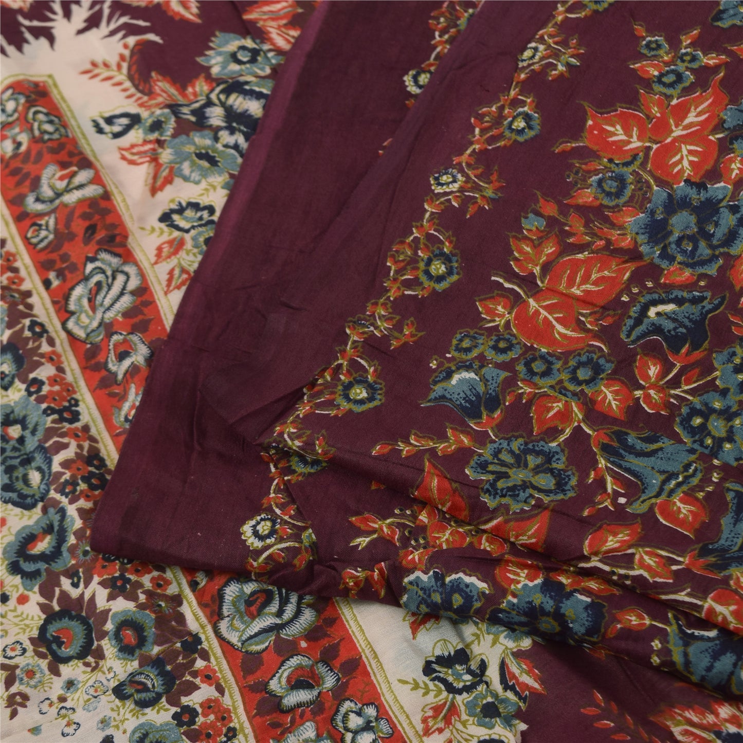 Sanskriti Vintage Sarees Indian IvoryPure Cotton Printed Sari 5+yd Craft Sustainable Fabric