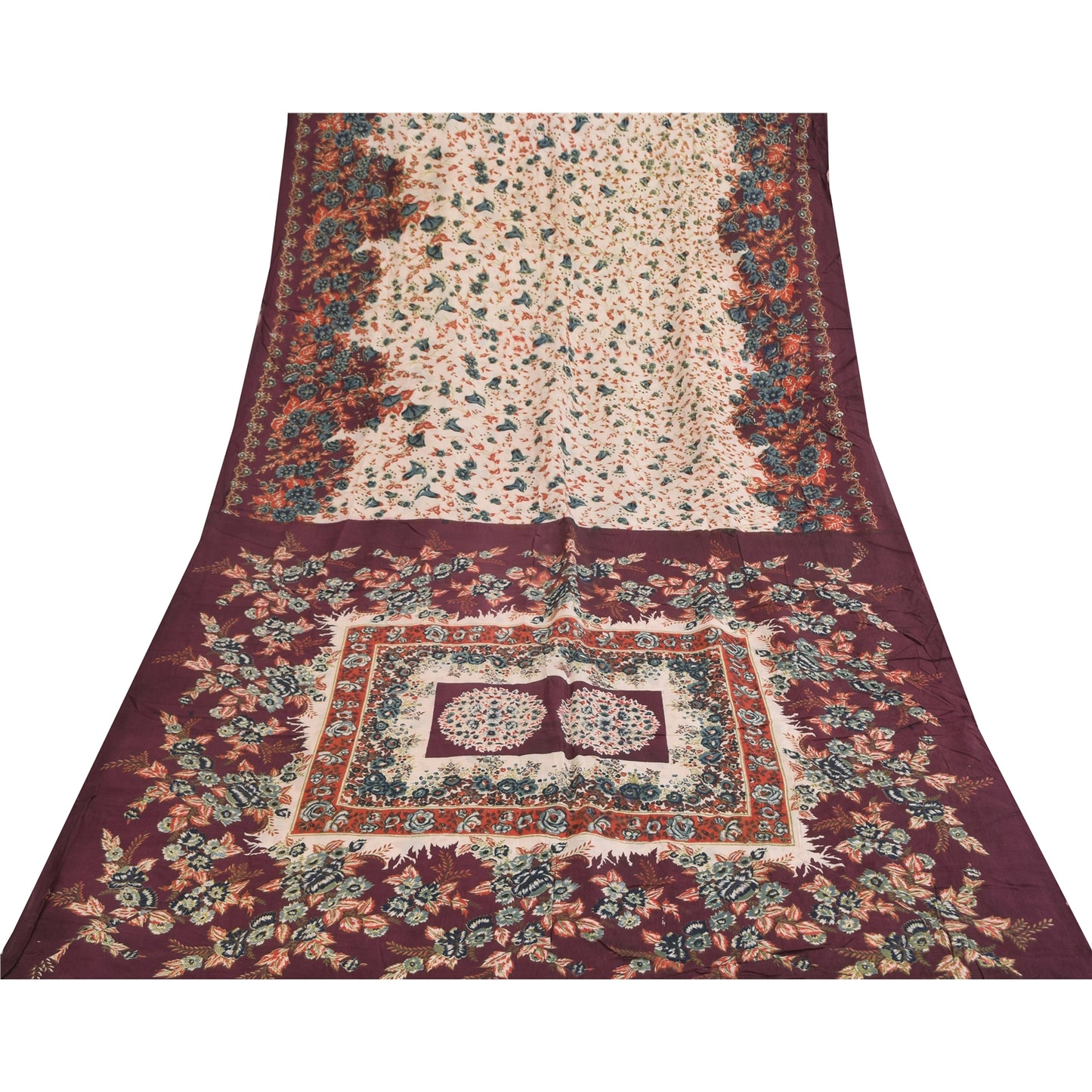 Sanskriti Vintage Sarees Indian IvoryPure Cotton Printed Sari 5+yd Craft Sustainable Fabric