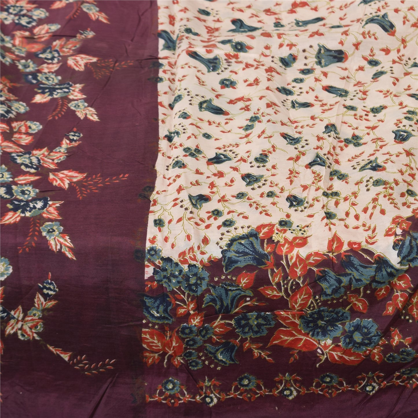 Sanskriti Vintage Sarees Indian IvoryPure Cotton Printed Sari 5+yd Craft Sustainable Fabric