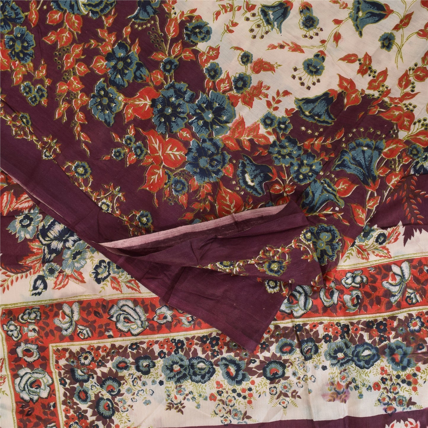 Sanskriti Vintage Sarees Indian IvoryPure Cotton Printed Sari 5+yd Craft Sustainable Fabric