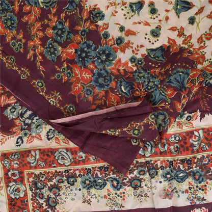 Sanskriti Vintage Sarees Indian IvoryPure Cotton Printed Sari 5+yd Craft Sustainable Fabric