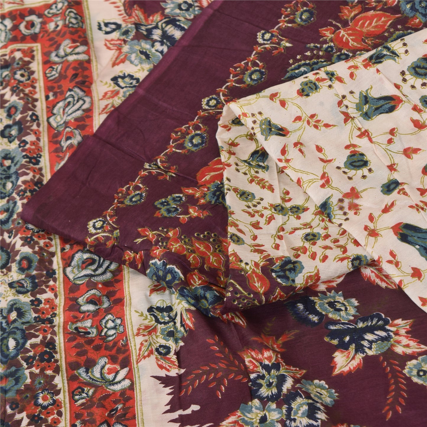 Sanskriti Vintage Sarees Indian IvoryPure Cotton Printed Sari 5+yd Craft Sustainable Fabric