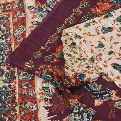 Sanskriti Vintage Sarees Indian IvoryPure Cotton Printed Sari 5+yd Craft Sustainable Fabric