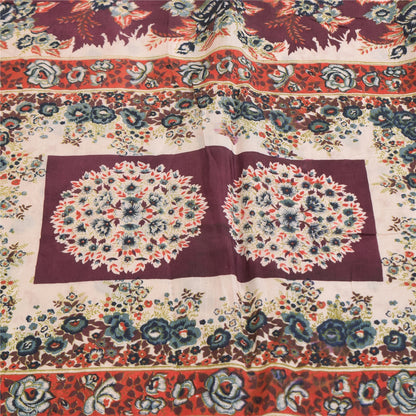 Sanskriti Vintage Sarees Indian IvoryPure Cotton Printed Sari 5+yd Craft Sustainable Fabric