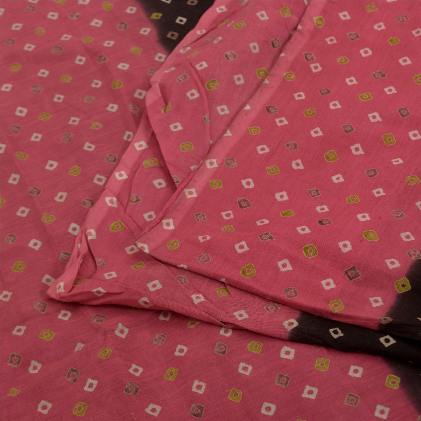 Sanskriti Vintage Sarees Pure Cotton Pink & Brown Bandhani PrintSari 5+yd Sustainable Fabric