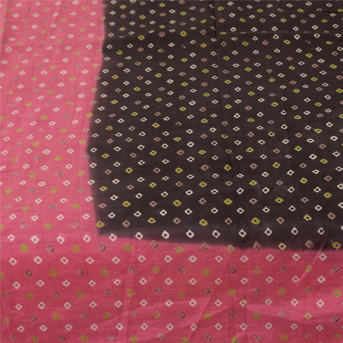 Sanskriti Vintage Sarees Pure Cotton Pink & Brown Bandhani PrintSari 5+yd Sustainable Fabric