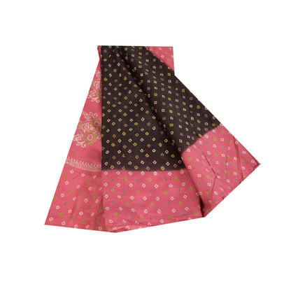 Sanskriti Vintage Sarees Pure Cotton Pink & Brown Bandhani PrintSari 5+yd Sustainable Fabric