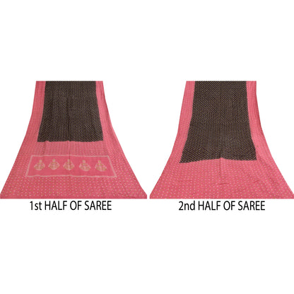 Sanskriti Vintage Sarees Pure Cotton Pink & Brown Bandhani PrintSari 5+yd Sustainable Fabric