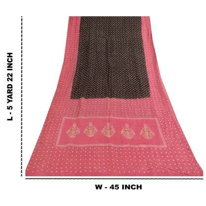 Sanskriti Vintage Sarees Pure Cotton Pink & Brown Bandhani PrintSari 5+yd Sustainable Fabric