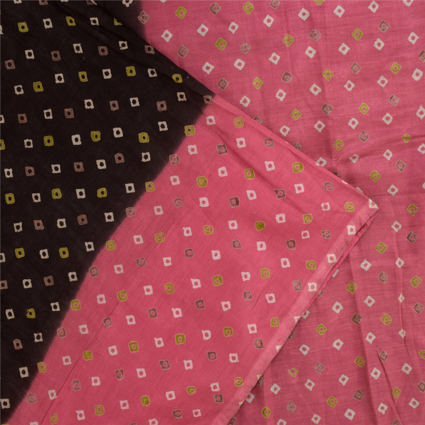 Sanskriti Vintage Sarees Pure Cotton Pink & Brown Bandhani PrintSari 5+yd Sustainable Fabric