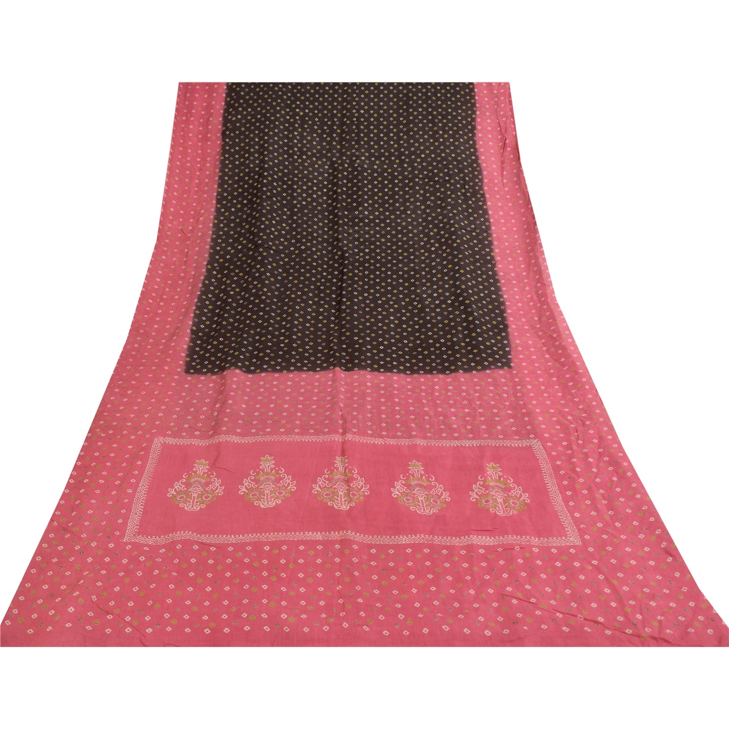 Sanskriti Vintage Sarees Pure Cotton Pink & Brown Bandhani PrintSari 5+yd Sustainable Fabric