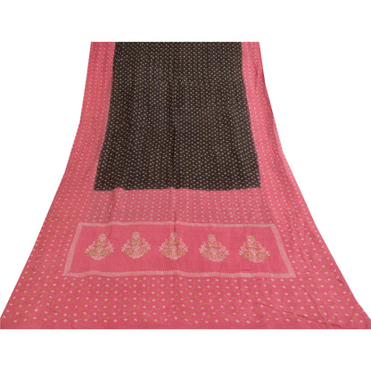 Sanskriti Vintage Sarees Pure Cotton Pink & Brown Bandhani PrintSari 5+yd Sustainable Fabric