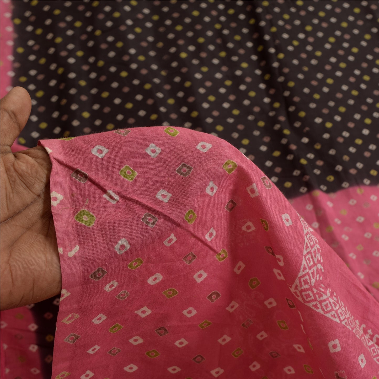 Sanskriti Vintage Sarees Pure Cotton Pink & Brown Bandhani PrintSari 5+yd Sustainable Fabric