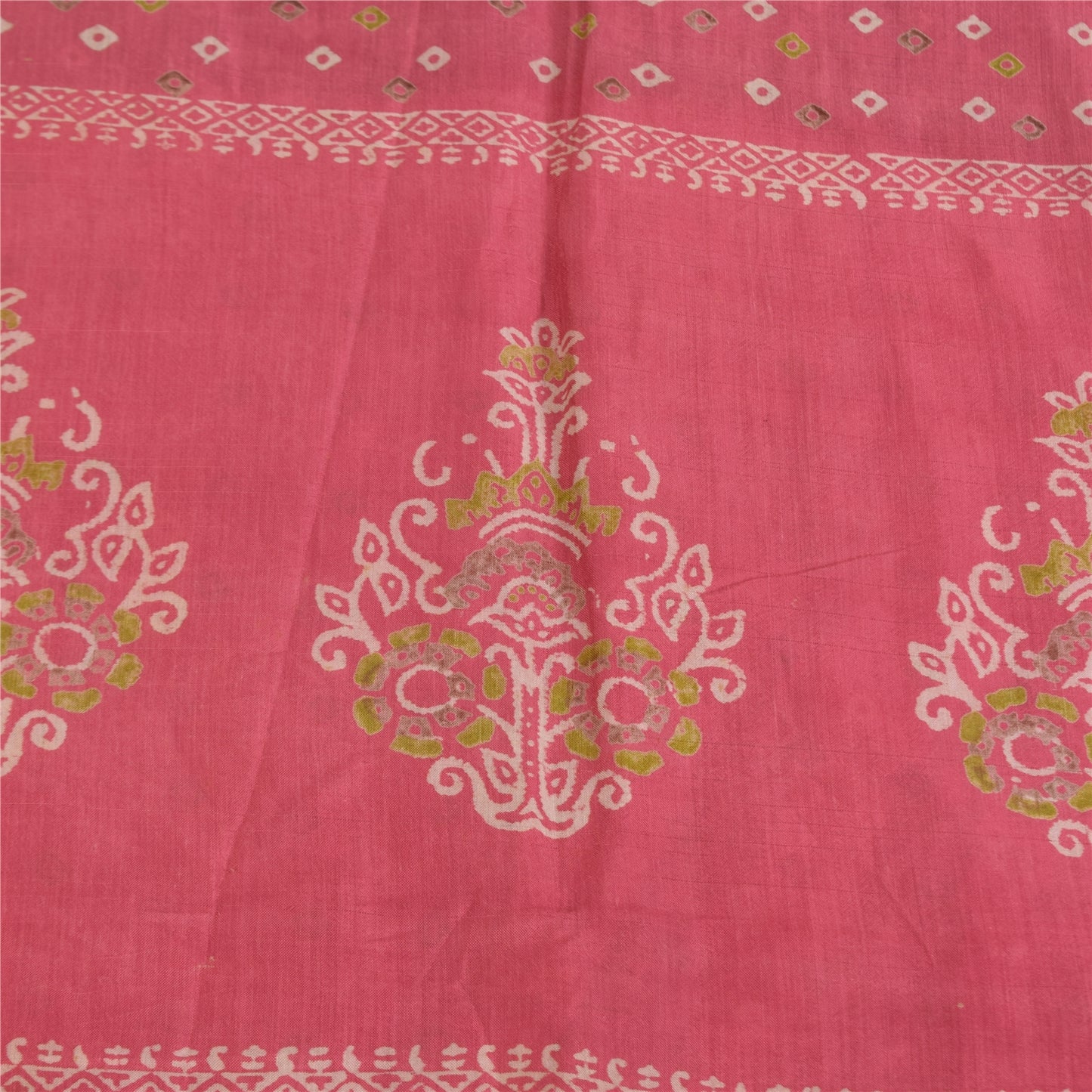 Sanskriti Vintage Sarees Pure Cotton Pink & Brown Bandhani PrintSari 5+yd Sustainable Fabric