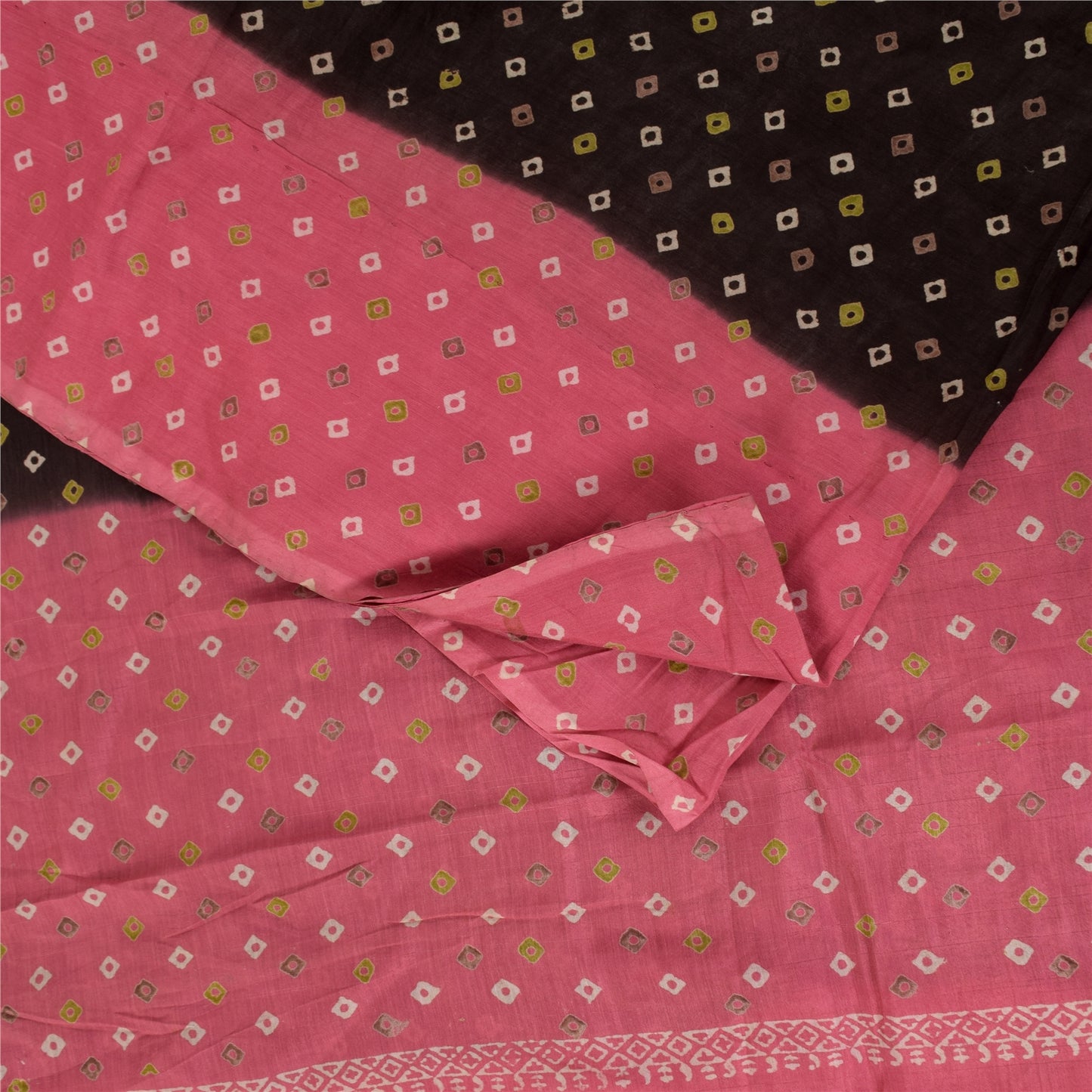 Sanskriti Vintage Sarees Pure Cotton Pink & Brown Bandhani PrintSari 5+yd Sustainable Fabric