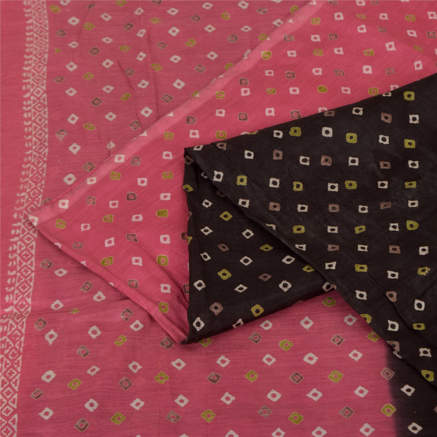 Sanskriti Vintage Sarees Pure Cotton Pink & Brown Bandhani PrintSari 5+yd Sustainable Fabric